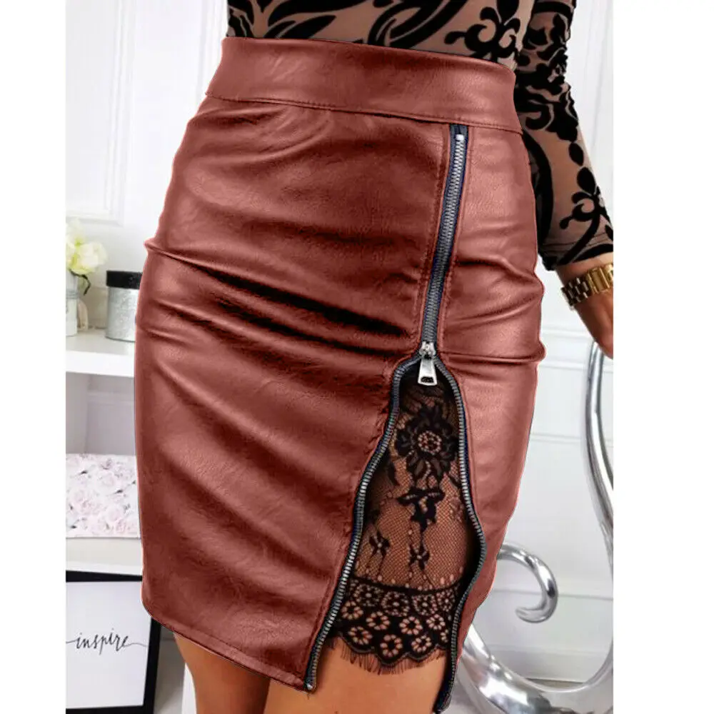 Привлекательная Офисная Женская юбка из искусственной кожи на молнии с разрезом
