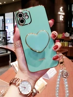 fashion heart shaped folding stand with lanyard soft case for iphone 11 12 13 pro max 7 8 plus xr x xs se 2 iphone cover fundas