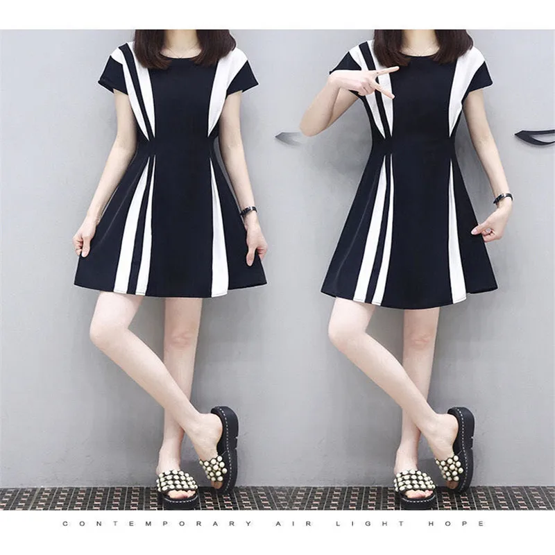 

Summer Dress New Women's dress Black-and-white splicing Slim fashion casual dress women polyester above knee