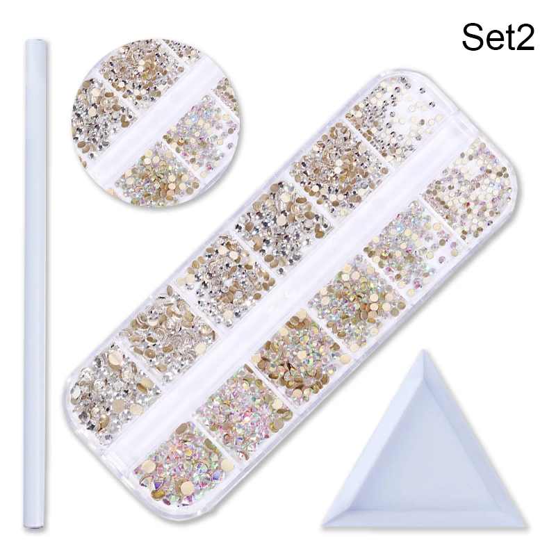 Set 2 1 коробка для дизайна ногтей 3D Амулеты Стразы для ногтей круглые смешанные цвета, плоский задник красочные блестящие стразы для украшения ногтей - Цвет: Set 2