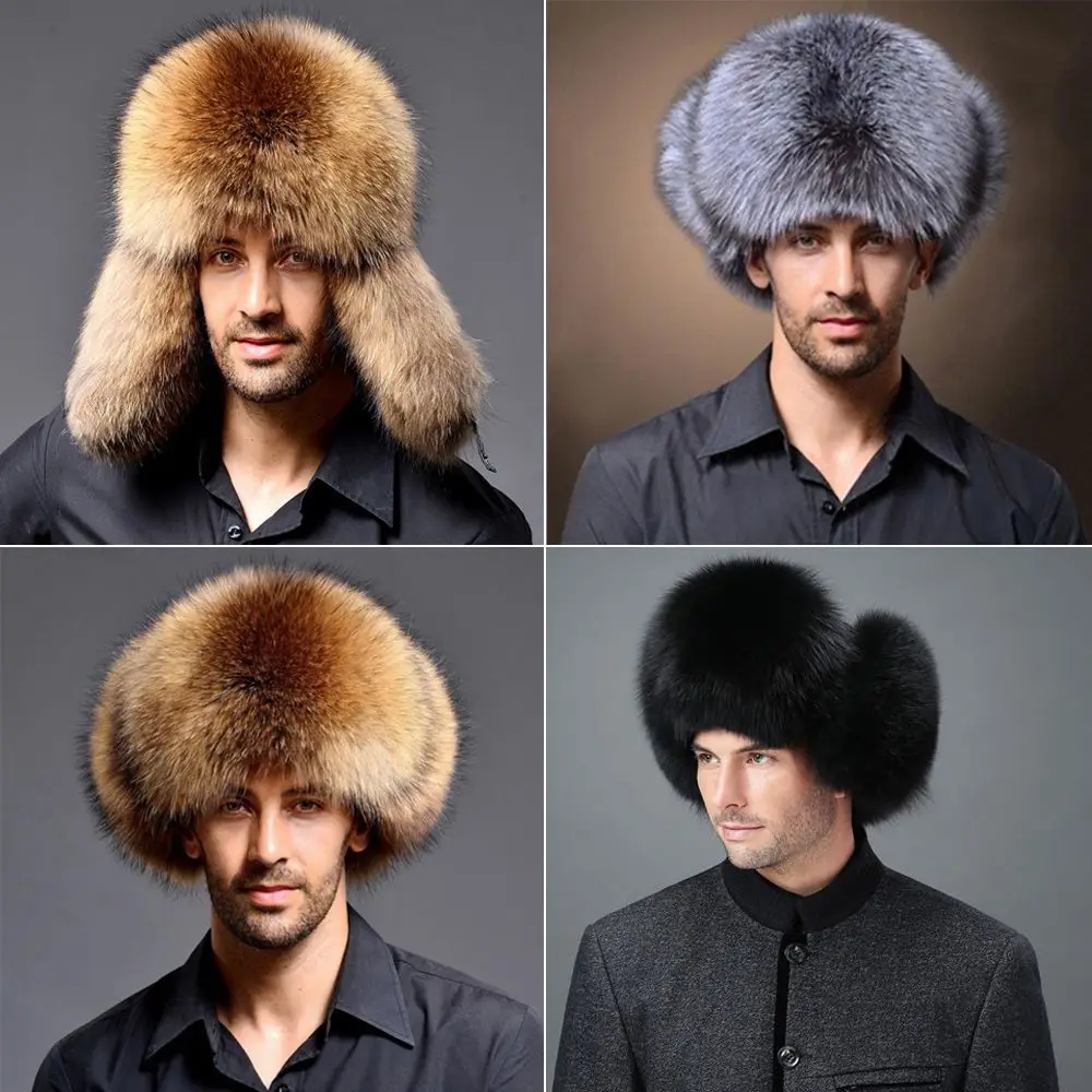 

Outdoor Lamb Leather Faux Fur Hunting Winter Trapper Hat with Fur Ear Flaps Bomber Hat Men's Russian Hat