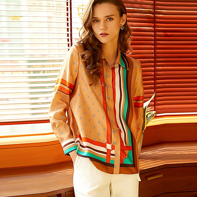 Шелковая блузка из 100% твила Высококачественная женская рубашка с принтом