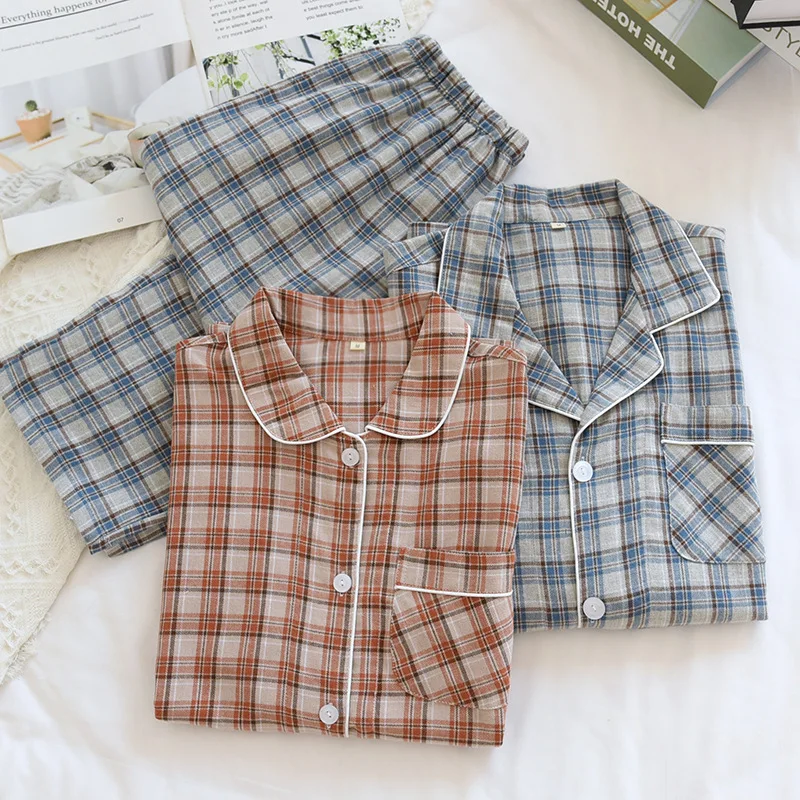 

2023 new season couples wear pajamas 100% cotton flannel male large size simple plaid ladies home service spring and autumn