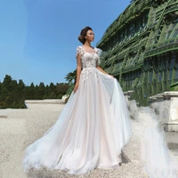 simple elegant illusion tulle wedding dress 2021 short sleeve lace applique o neck a line sweep train custom made gowns sashes