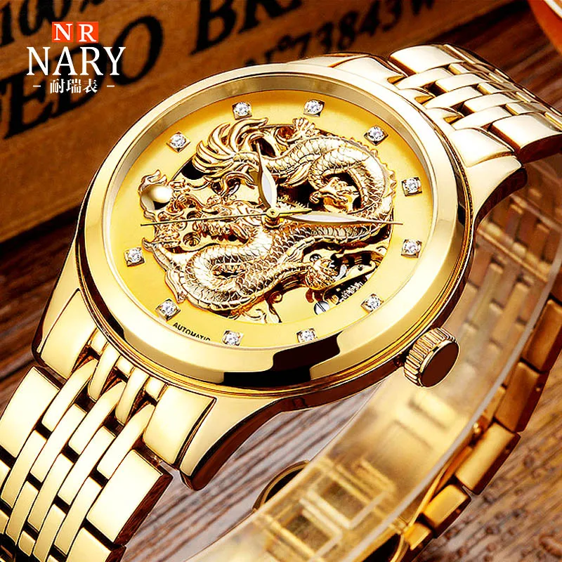 

Unique Dragon Watch Men Luxury Gold Mechanical Watches Stainless Steel Automatic Mechanical Wristwatches Men Skeleton Watches