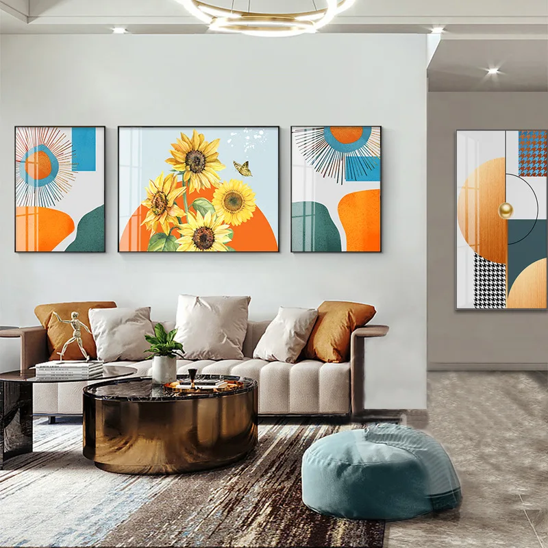 

Геометрическая комбинация подсолнухов, современный постер в скандинавском стиле, настенная живопись, печать на холсте, картина для гостиной, украшение для дома