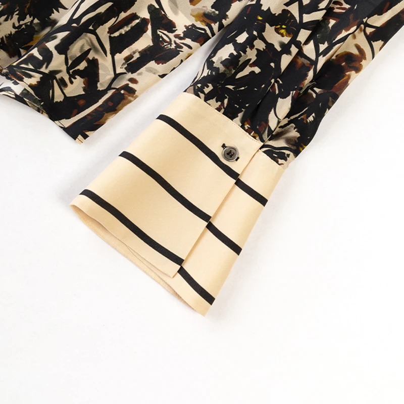 

Spring Autumn 100% Natural Silk Women Casual Shirt Elegant Turn-down Collar Long Sleeve Patchwork Lady Pure Real Silk Blouse