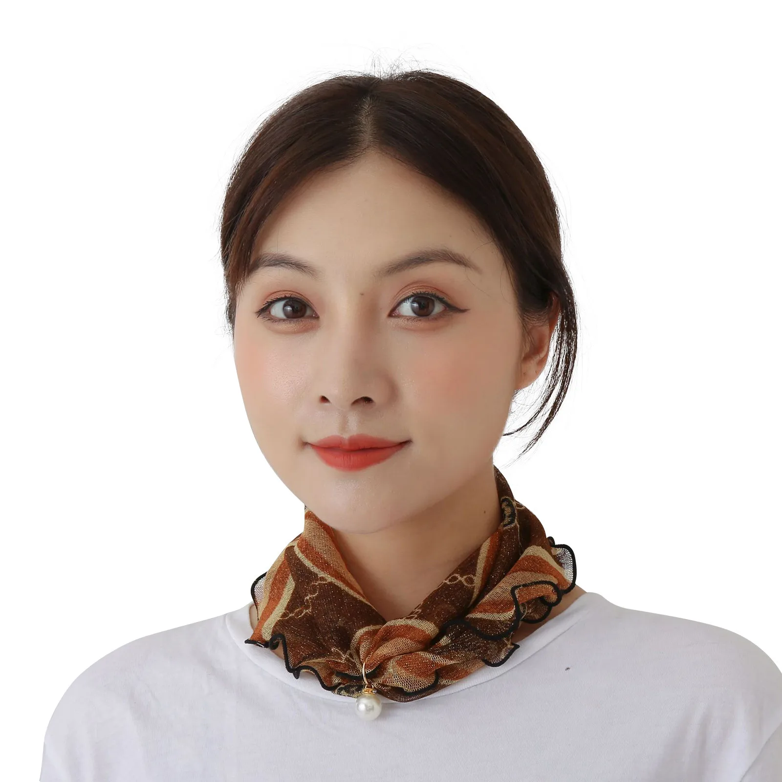 

Drop Ship Elegant Lady Stewardess Printed Ruffle Scarf Ring Gold Thread Lace Bandana Pearl Bib Women Scarves