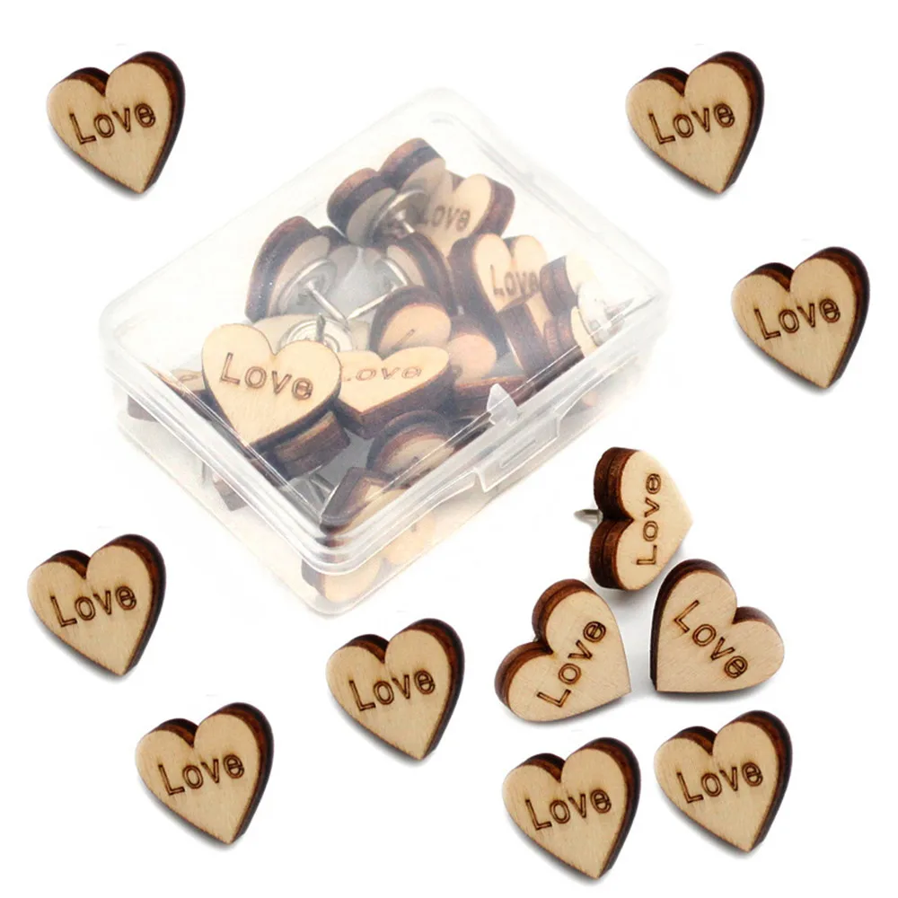 

20pcs/box Push Pins Map Thumbtacks Heart Shape Love Wood Push Pins Diy Thumb Tacks For Cork Boards Notes Photos Wall Decriration