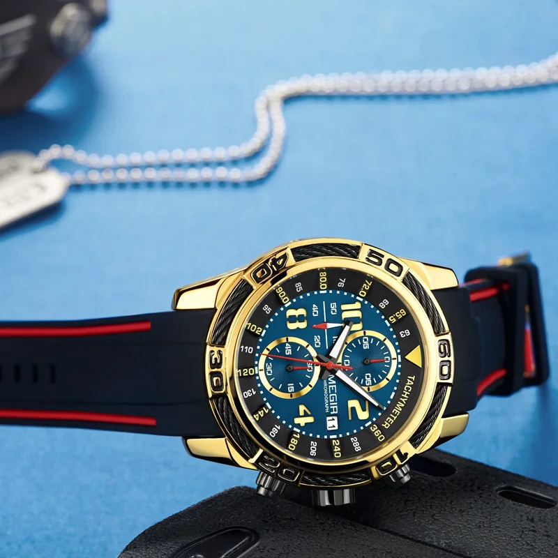 Мужские часы с силиконовым ремешком MEGIR спортивные водонепроницаемые кварцевые