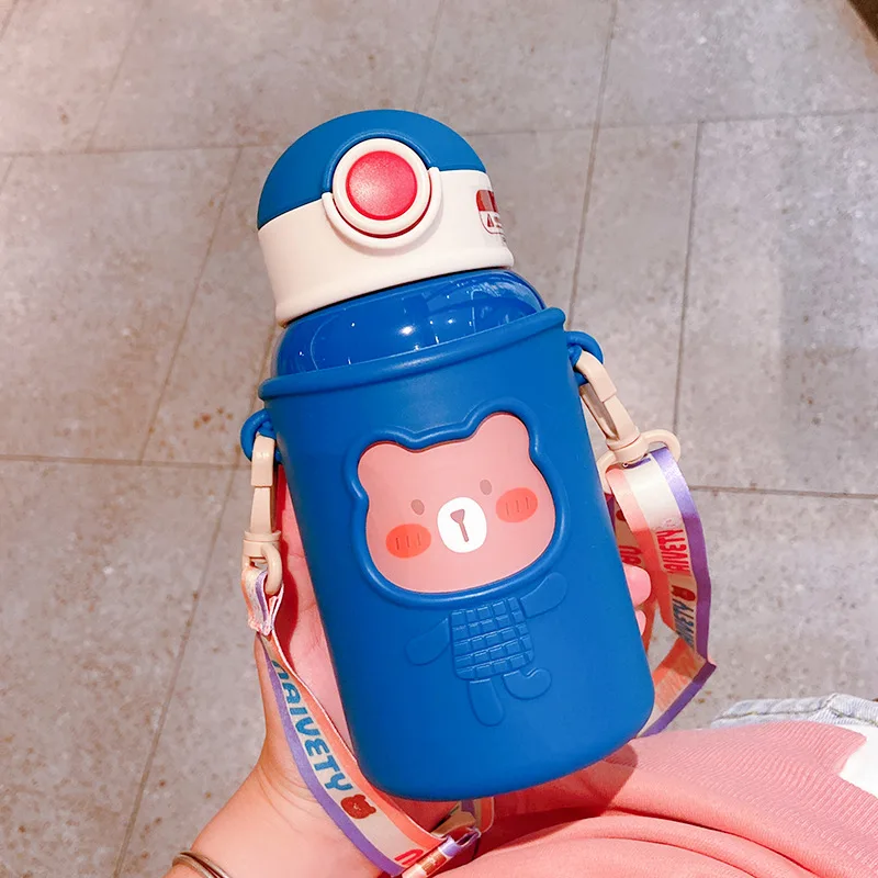 Children's Water Bottle Portable Outdoor Stainless Steel Thermal Bottle with Strap Cute Bear Pattern Drink Bottle for School images - 6