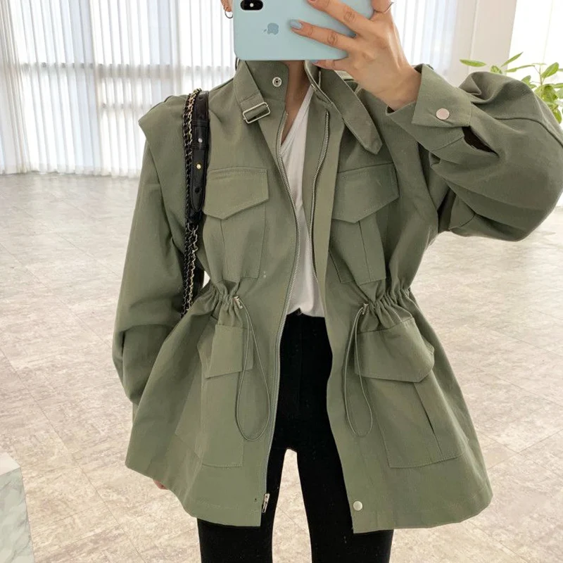 

Korean Retro All-match Stand-up Collar Multi-pocket Drawstring Waist Slimming Puff Sleeve Mid-length Tooling Female Jacket