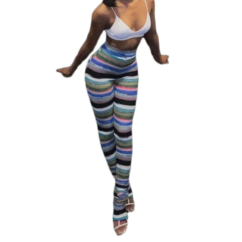 

066C Women High Waist Knitted Long Pants Multicolor Striped Skinny Stacked Trousers