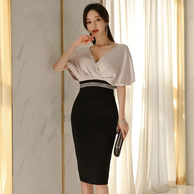 

High Waist Slim Temperament Office Dress Spring Simple Small Sexy V-Neck Solid Color Stitching Elegant Women's Party Dress