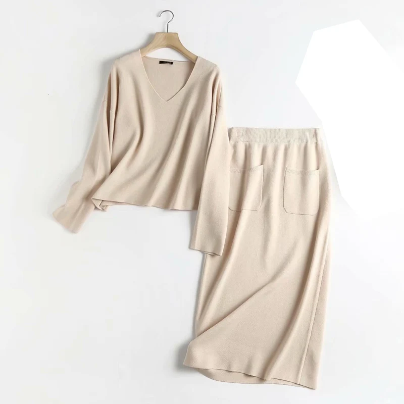

Ladies spring and autumn knitting 2 pcs suit fashion V-neck sweater + mid-length skirt new fashion women's clothing