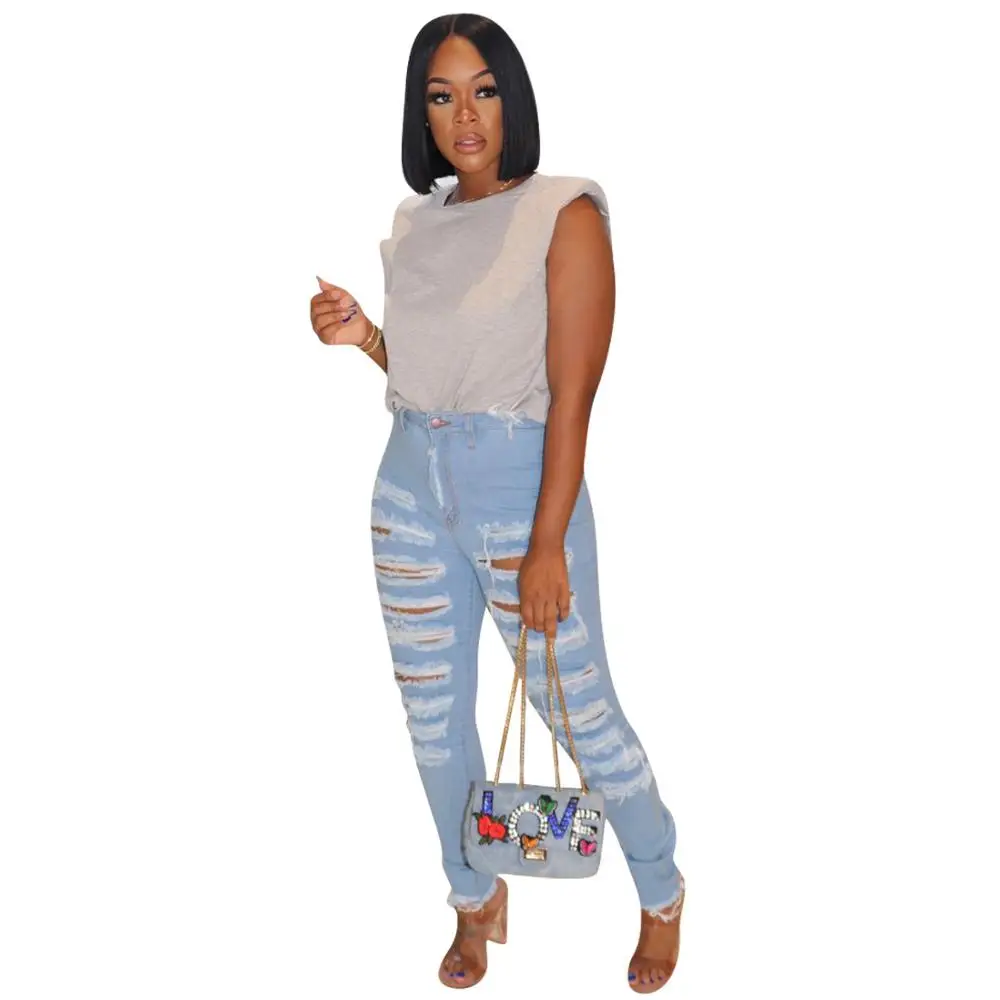 

Hot Selling Women Casual Pants High Waist Button Zipper Fly Wash Hollow Out Pencil Pants Suitable High Street Wear 2020 Autumn