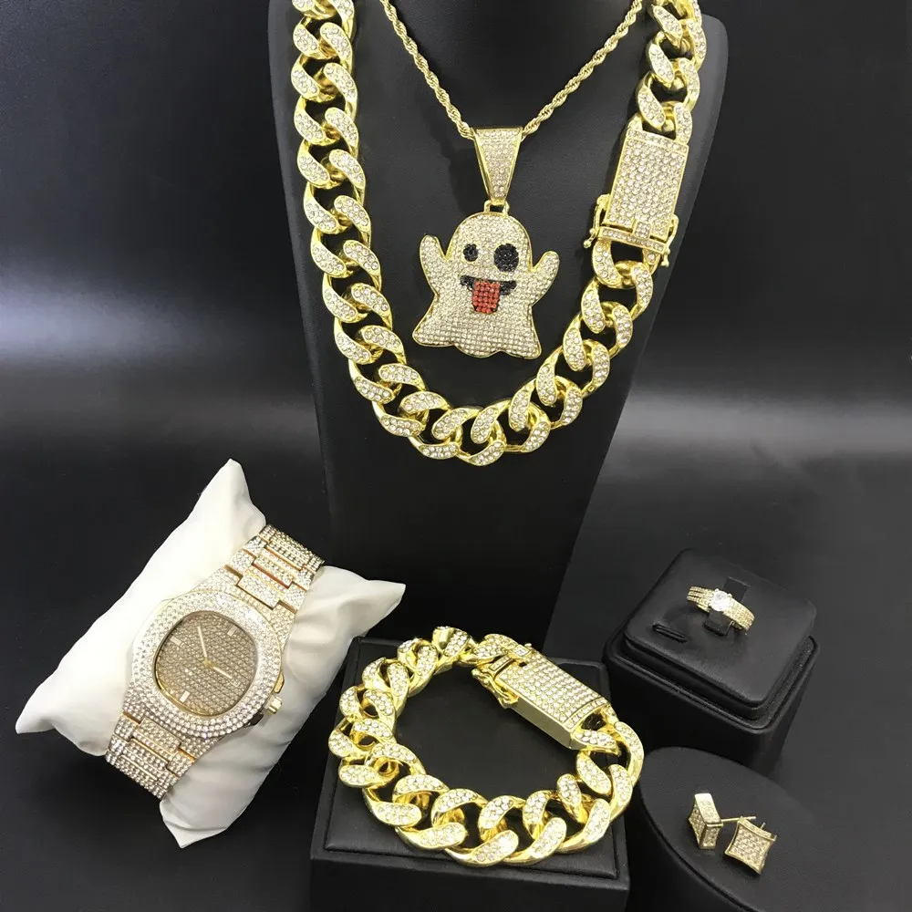 

Роскошные мужские золотые часы, ожерелье, браслет, кольцо и серьги, комплект из бриллиантов, бриллианты Майами для мужчин
