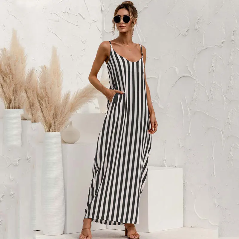 

Summer Women Elegant Backless Spaghetti Strap Striped Long Dress 2021 Ladies Casual Loose Sleeveless Beach Party Dresses Female
