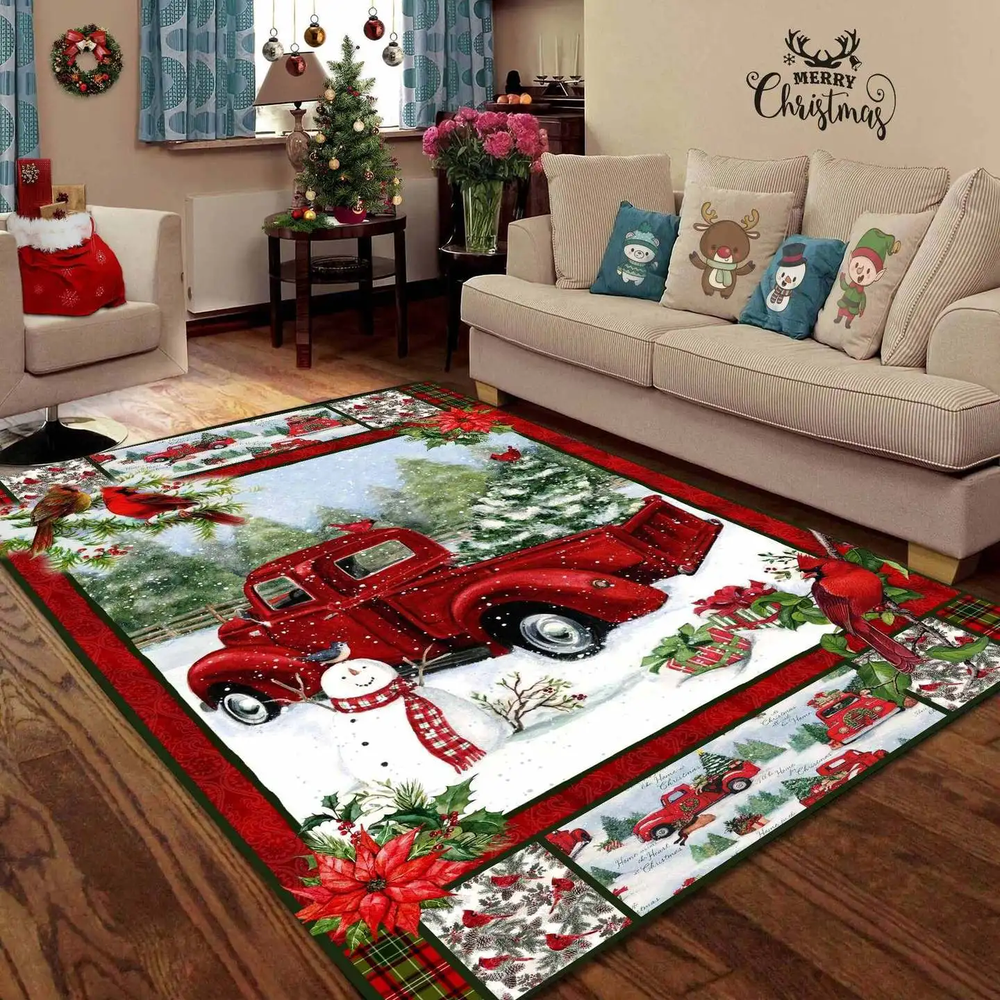 Christmas Red Truck Snowy Cardinals Living 3D Printed Rugs Mat Anti-slip Large Rug Carpet Home Decoration Tapete Peludo | Дом и сад