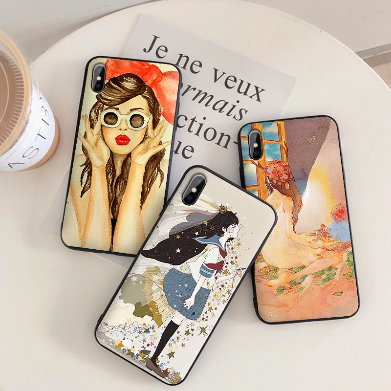 Mobile Phone Cases for iPhone X XS MAX XR 6 s 7 8 Plus Case Fashion Soft Silicone Fitted Back Cover Japanese gentle girl | Мобильные