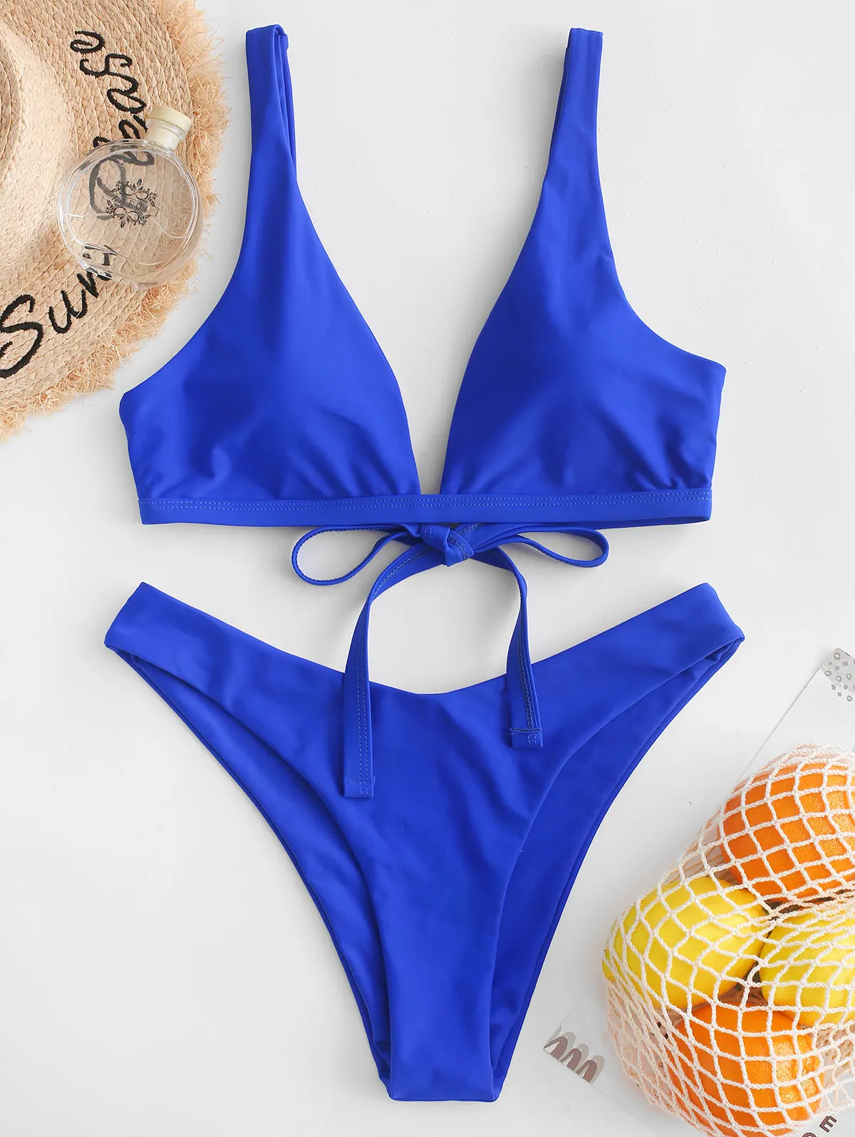 ZAFUL Tie Back Plunging High Leg Bikini Swimsuit Cut Triangle 2020 Summer Solid Padded Two Pieces | Спорт и развлечения