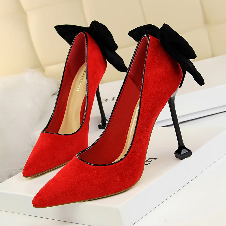 

Korean Version of Sexy Thin High Heels Women's Shoes Stiletto High Heels Suede Shallow Mouth Pointed Bow Single Shoes Women