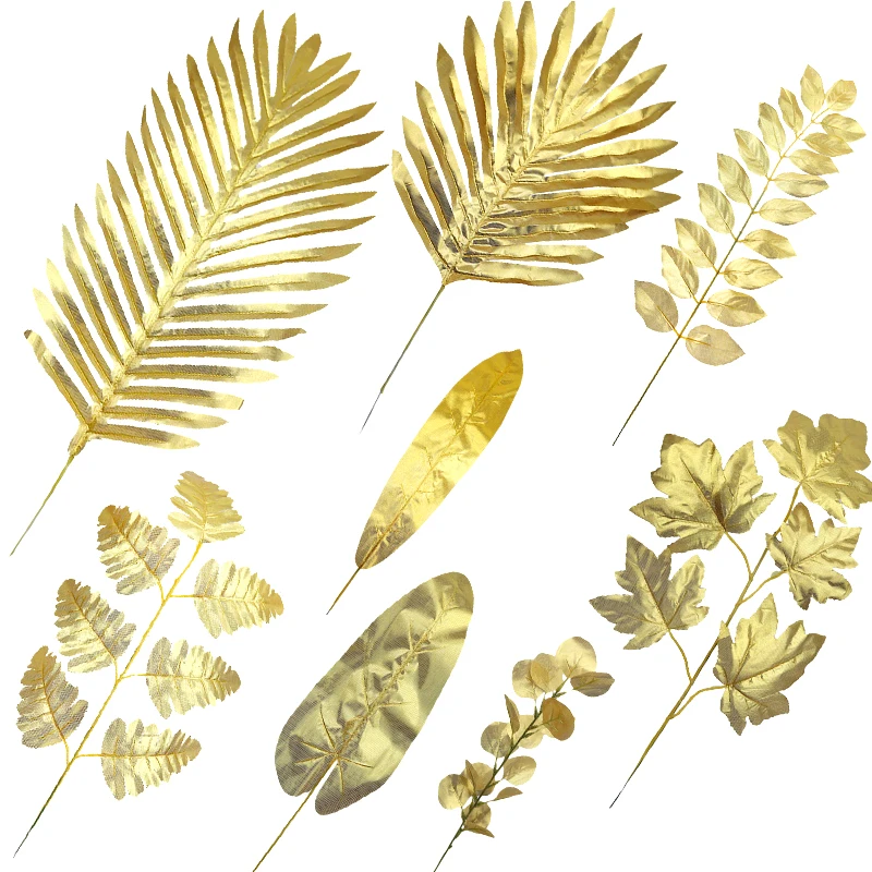 5pcs Artificial Monstera Palm Leaves Gold Silk Scattered Tail Leaf Fake Plant For Home Decor DIY Wedding Hawaiian Party Supplies