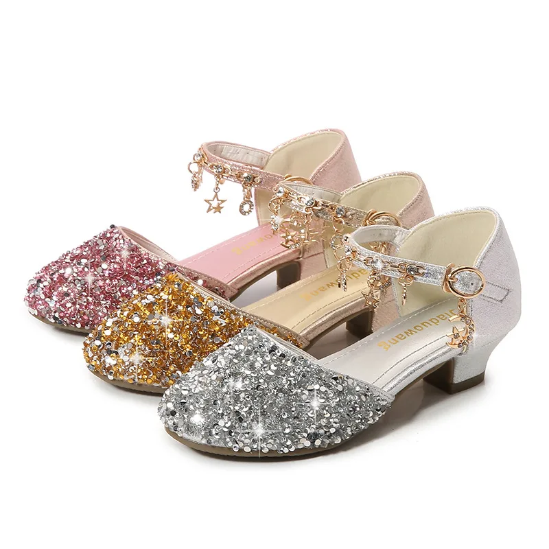 

Princess Kids Leather Shoes for Girls Flower Casual Glitter Children High Heel Girls Shoes Butterfly Silver Knot Blue Pink