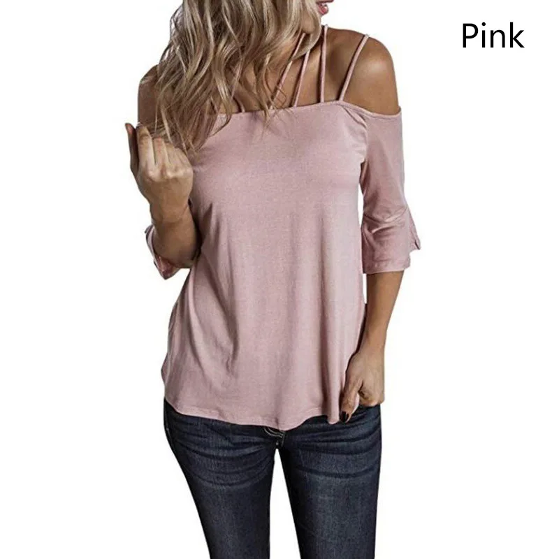

Top Women's t-shirts spring and summer tra solid color loose top harajukuv one-word shoulder strap flared sleeve woman tshirts