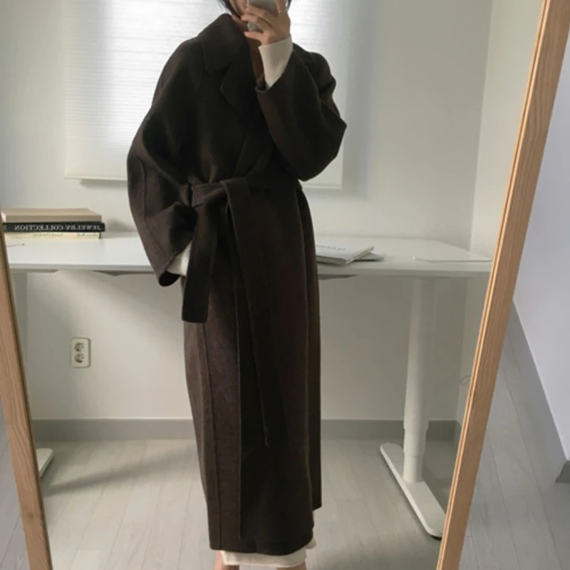 Женское шерстяное пальто повседневное большого размера с поясом верхняя одежда