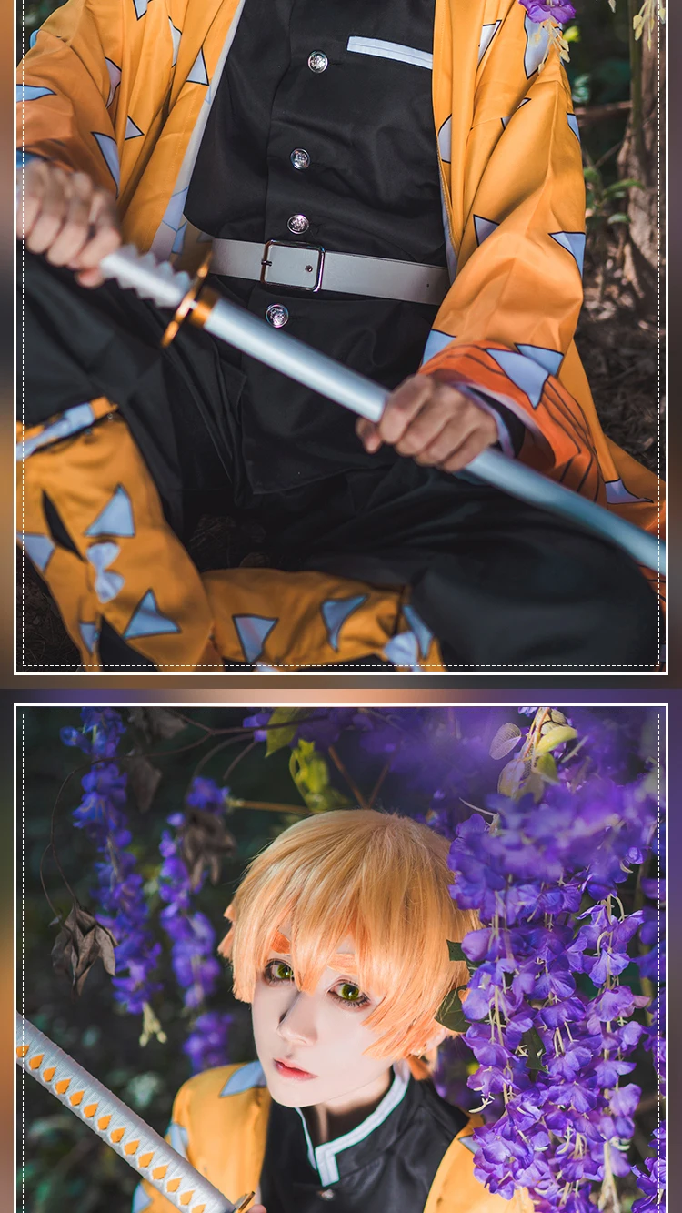 Японское аниме «убийца демонов», Kimetsu no Yaiba, костюмы для косплея, Agatsuma Zenitsu, полный комплект одежды, костюм на Хэллоуин