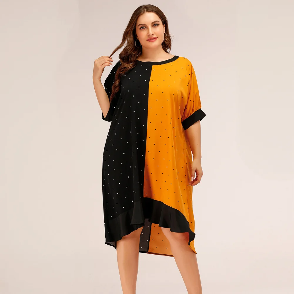 

DOIB Yellow Black Patchwork Dress Large Size Women Loose Casual Dot Irregular Ruffle Hem Plus Size Dress Female Coloring Dress