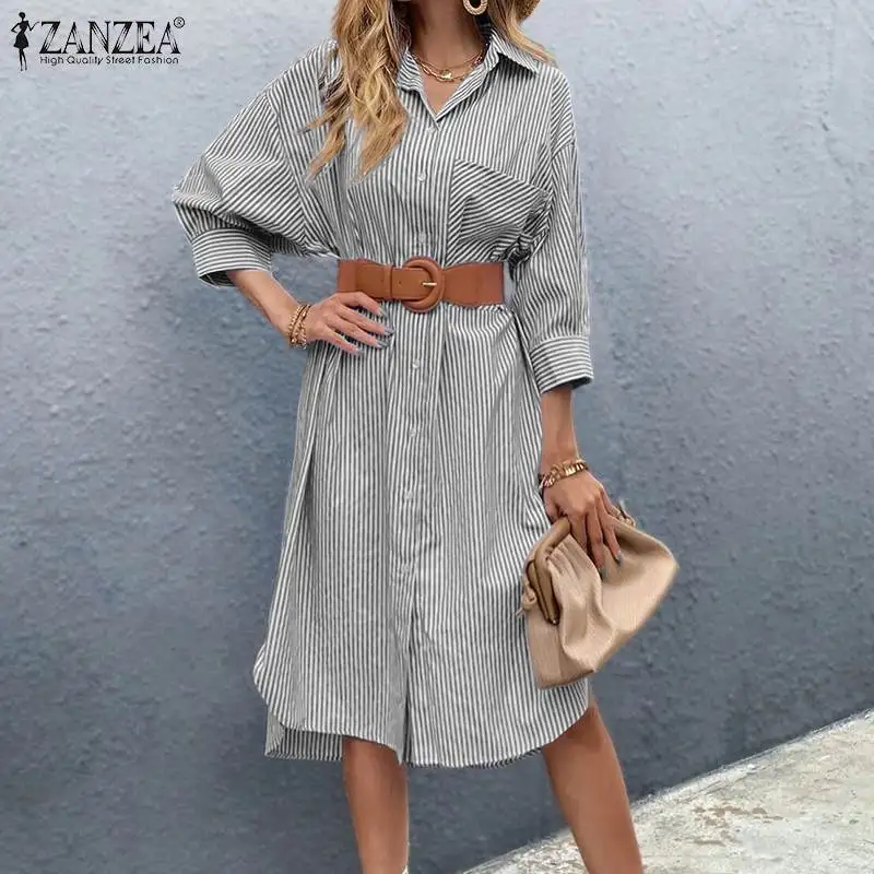 

Womens Striped Print Vestidos 2022 Autumn Lapel OL Robe Femme Female Fashion Elegant Dresses Oversized ZANZEA Midi Shirt Dress