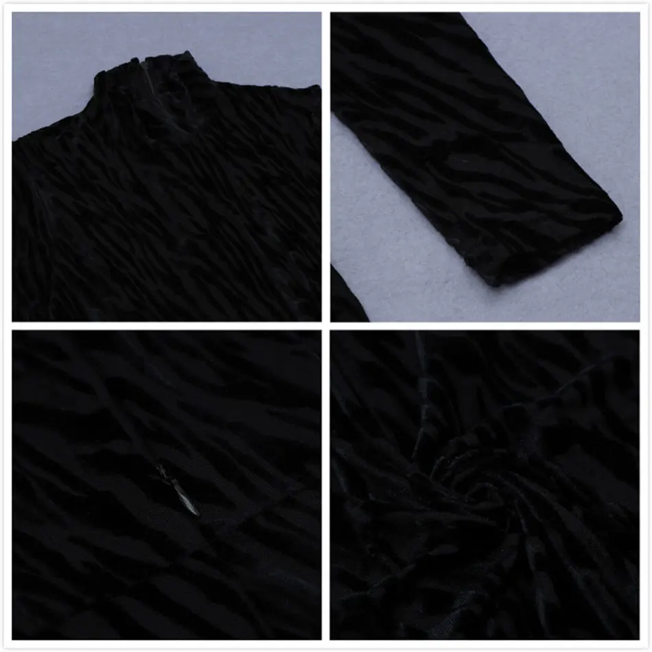 

Free Shipping 2021 Elegant Velvet Midi Dress Women's Stand Collar Long Sleeve Bodycon Hollow Striped Dress Christmas Party Dress