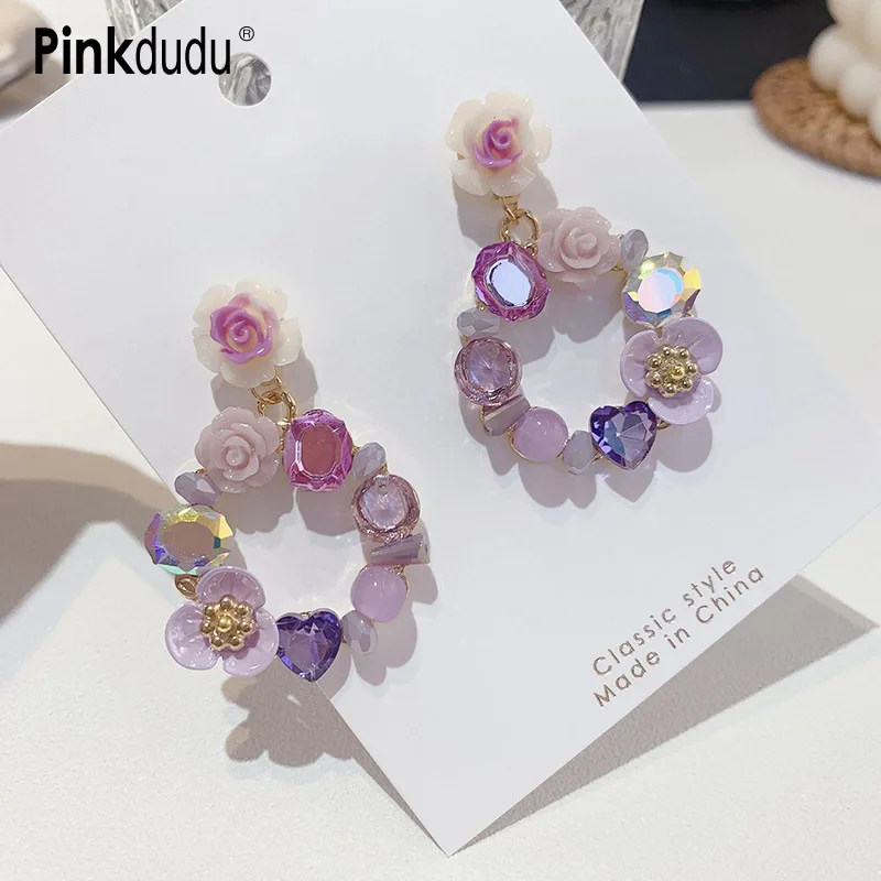 

Pinkdudu Sweet Pink Amethyst Shell Pendant Earrings Fashion Small Fresh Flower Dangle Earrings for Women Jewelry Gifts PD563
