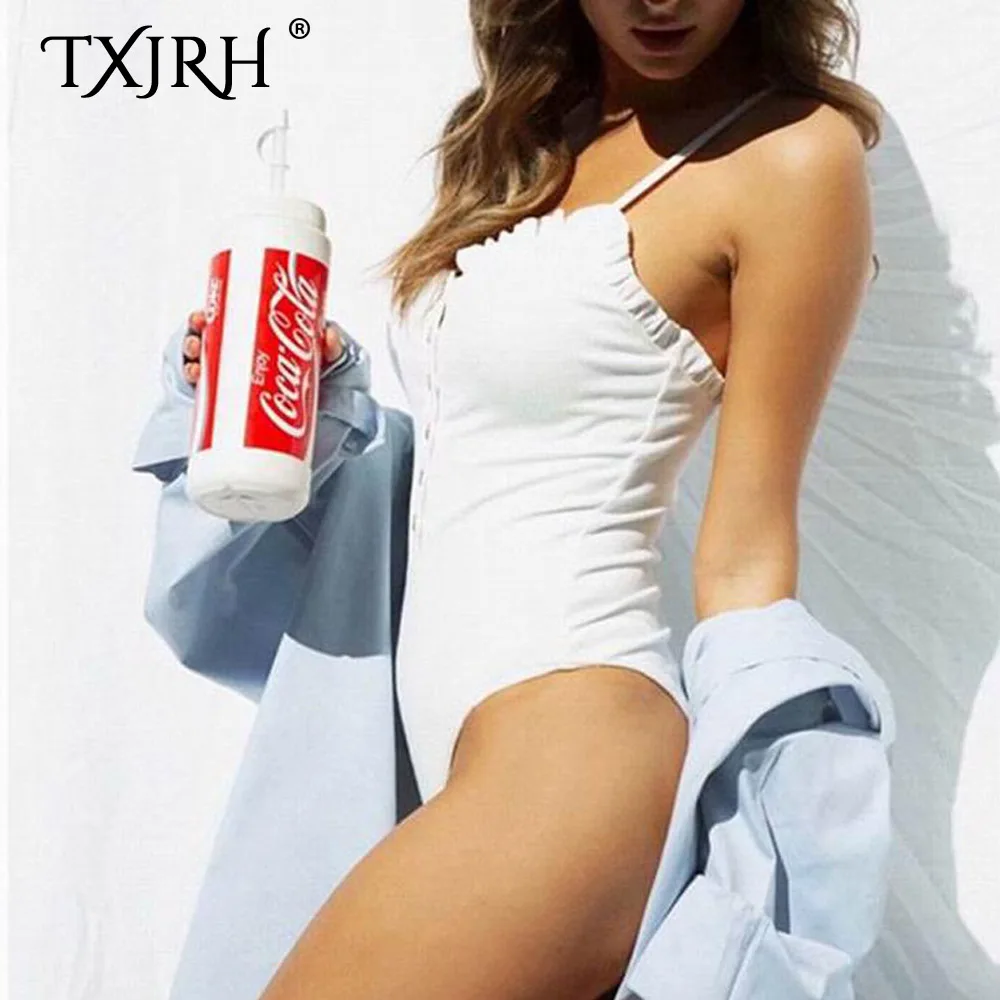 TXJRH сексуальный трикотажный комбинезон с пуговицами на груди, оборками, деревянными ушками, эластичным комбинезоном, боди, комбинезоны с бретельками, нижняя рубашка, 4 цвета