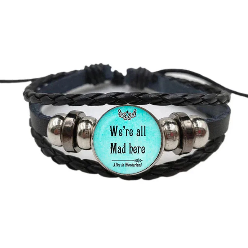 

Glass Leather bracelet Cheshire Quote Alice in Wonderland Handmade bracelet Glass Convex Jewelry we're all mad here