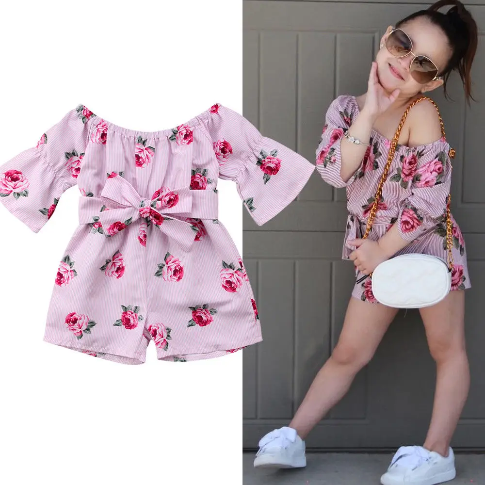 

Baby Girl Floral Romper Princess Off shoulder Flare Sleeve Bow Striped Jumpsuit Playsuit Outfit Sunsuit Summer Clothes