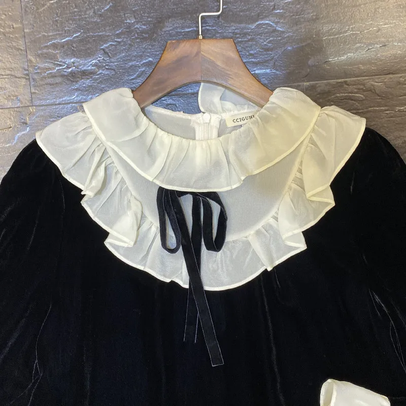 

2021 Autumn and Winter New Retro Simple Luxury Velvet Splicing Silk Women's Long Sleeved Shirt Top Fashion