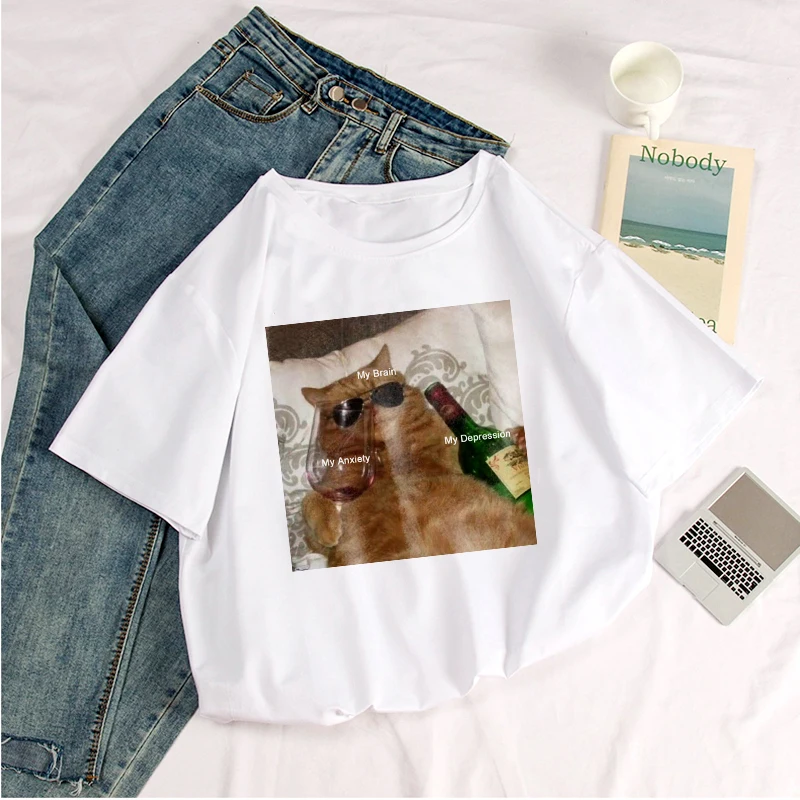

Футболка с надписью «Моя депрессия, мой мозг, беспокойство», новая летняя Модная Повседневная Свободная Женская одежда с принтом кота в сти...