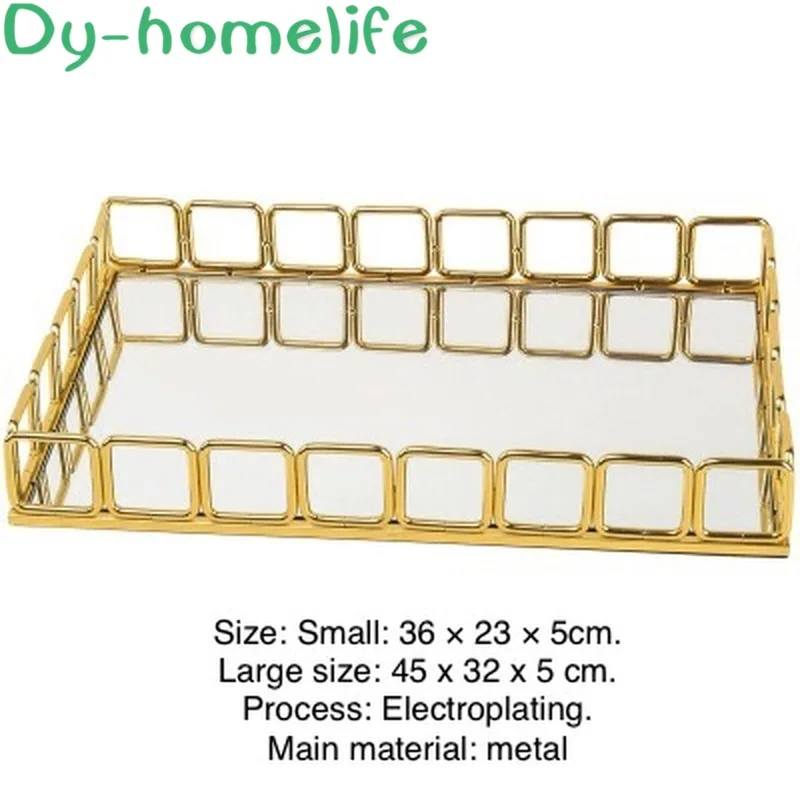 

European-style Metal Frame Rectangular Mirror Glass Tray Home Decoration Storage Supplies Jewelry Dessert Coffee Set Tray