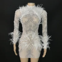 white pearl feather rhinestone transparent short dress women dancer evening show outfit birthday celebrate sexy dress