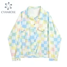 Женская джинсовая куртка на весну и осень, новинка, уличная одежда, Модный женский однобортный Повседневный Свободный Топ в клетку с длинным рукавом и завязками