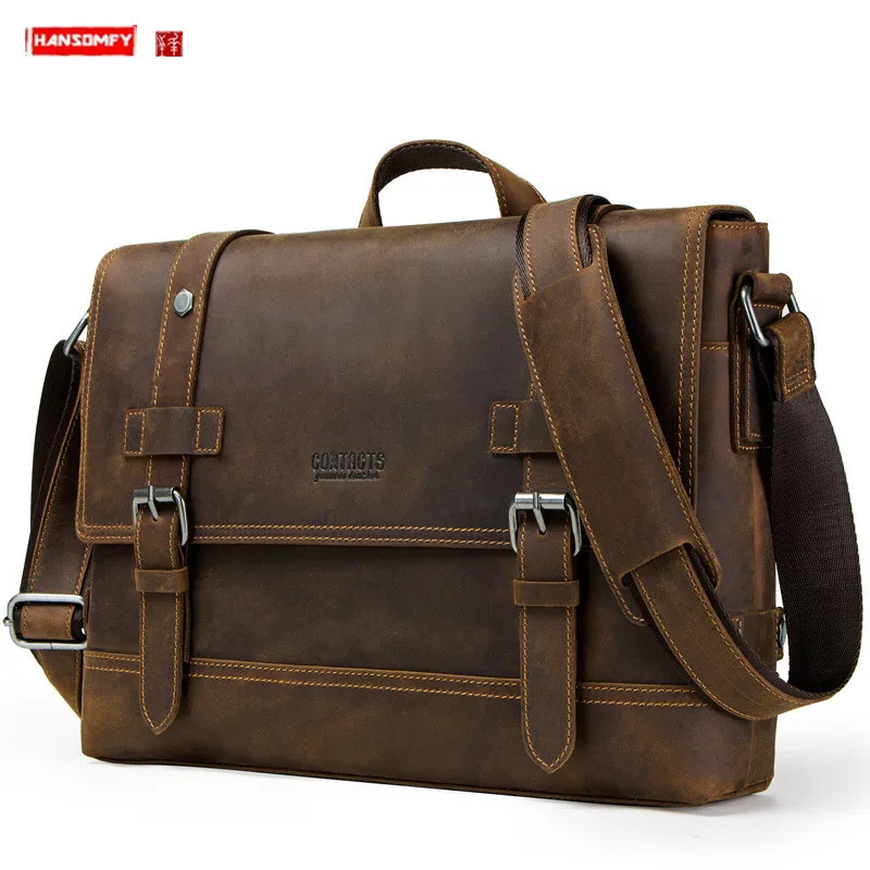 Genuine Leather Men's Handbags Portable Business Briefcase Laptop Bag Crazy Horse Leather Cowhide Shoulder Messenger Bags