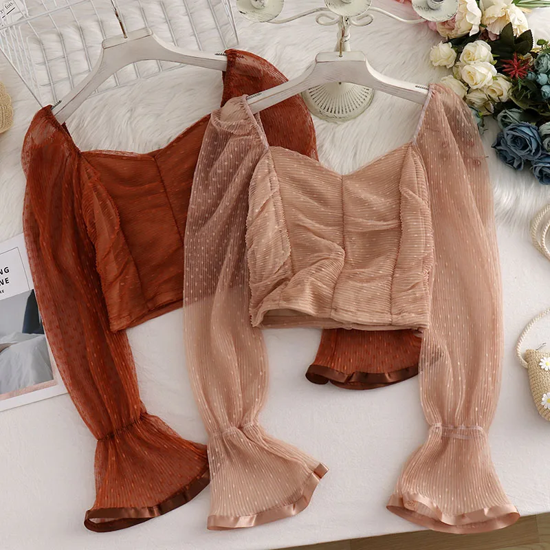 

Summer Women's Blouse Sweet Polka Dot Mesh Blouse Women Retro Square Collar Folds and Thin Trumpet Sleeve Shirt Top GX236
