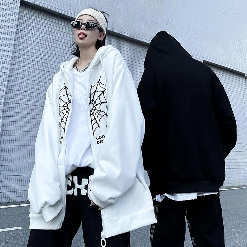 2022 New Gothic Punk Women Sweatshirt Hip Hop Streetwear Korean Fashion Casual Loose Hoodie Oversized Plus Velvet Zipper Jacket