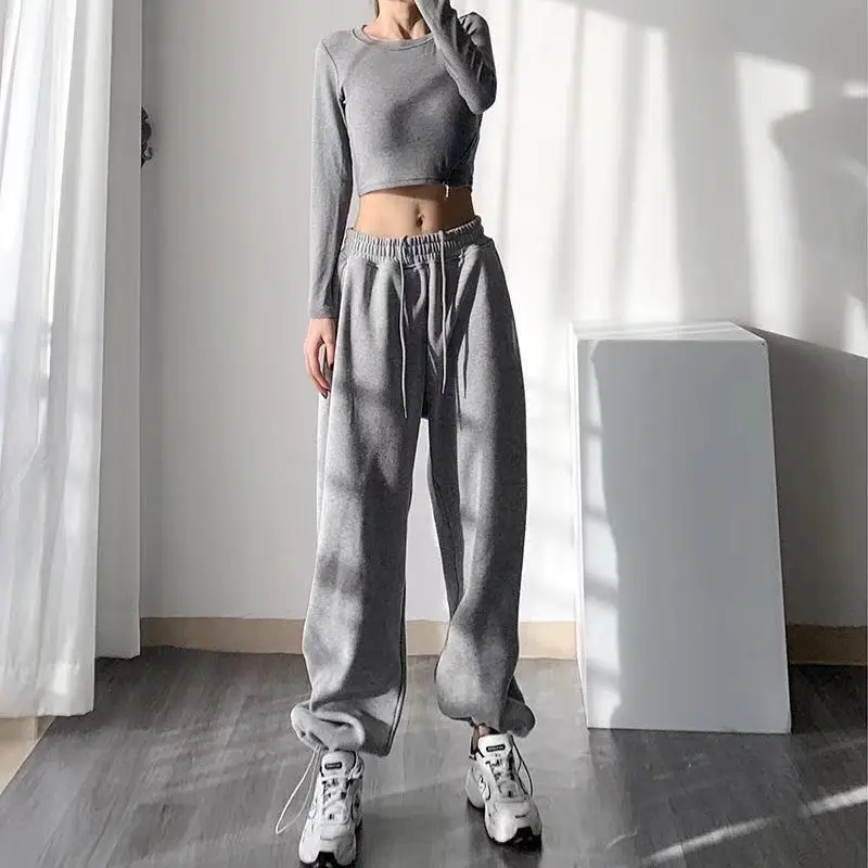 

Women's 2021 new spring and autumn Wide Leg Pants Grey sports pants loose straight and thin summer casual tights