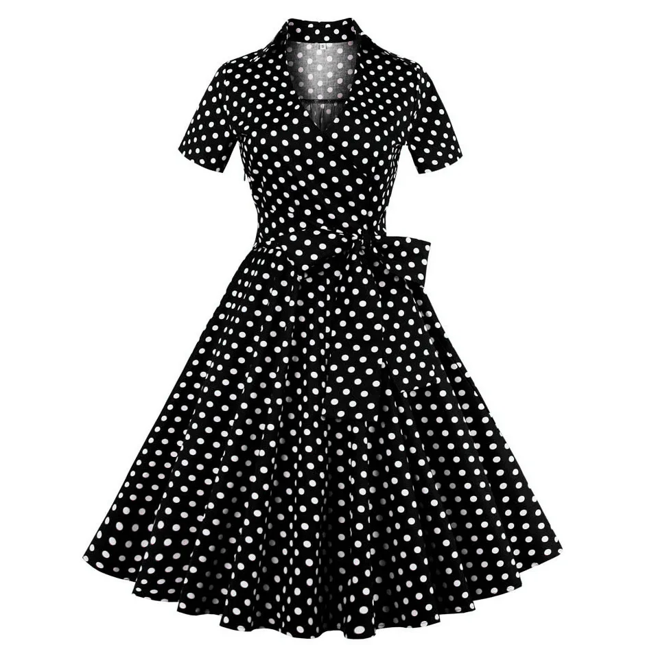

Summer Women Elegant Polka Dot Print Midi Tunic Dresses Belt Boho Short Sleeve Sundress Female V Neck ALine Chic Party Vestidos