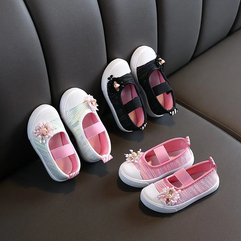 

Girls Shoes 2019 Spring and Autumn New Shallow Mouth Flowers Soft Bottom Non-slip Breathable Canvas Shoes Kids Sneakers Slip-On
