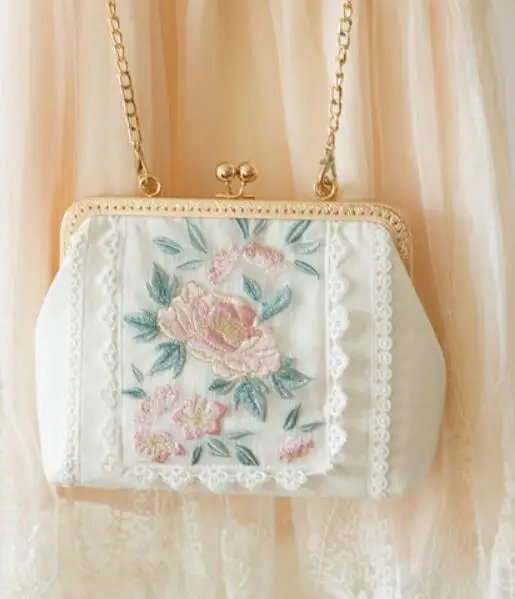 Women Bag White angelatarch новая белая Золотая сумка с цветочной вышивкой японская Лолита Роза мини кружевная женская сумка с металлической рамкой сумка через плечо - Цвет: Women Bag White
